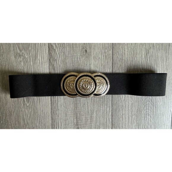 Vintage Womens Wide Elastic Belt Black Gold 80s Mobwife 15”-18” Unbranded - Picture 2 of 6